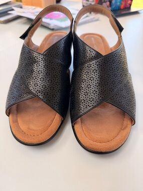 Easy Spirit Wide Black Perforated Crossover Slingback Sandals